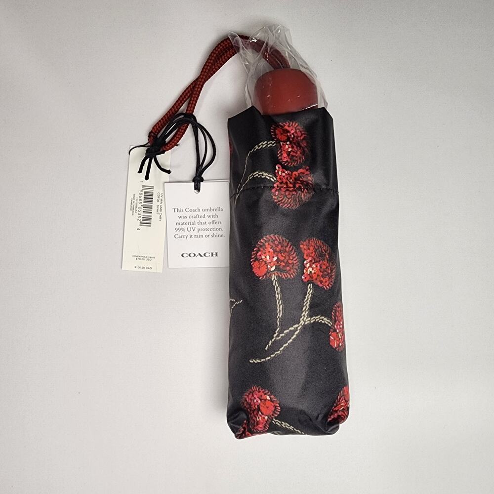 NWT Coach CDF36 Mini Umbrella Cherry Print Black UV Protection